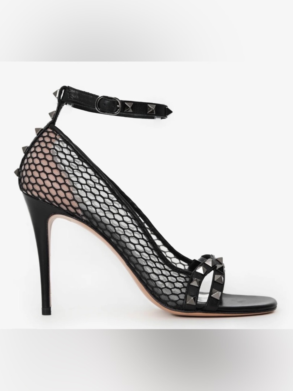 NEW!! VALENTINO BLACK LEATHER ALCOVE ROCKSTUD MESH SANDALS US 6.5